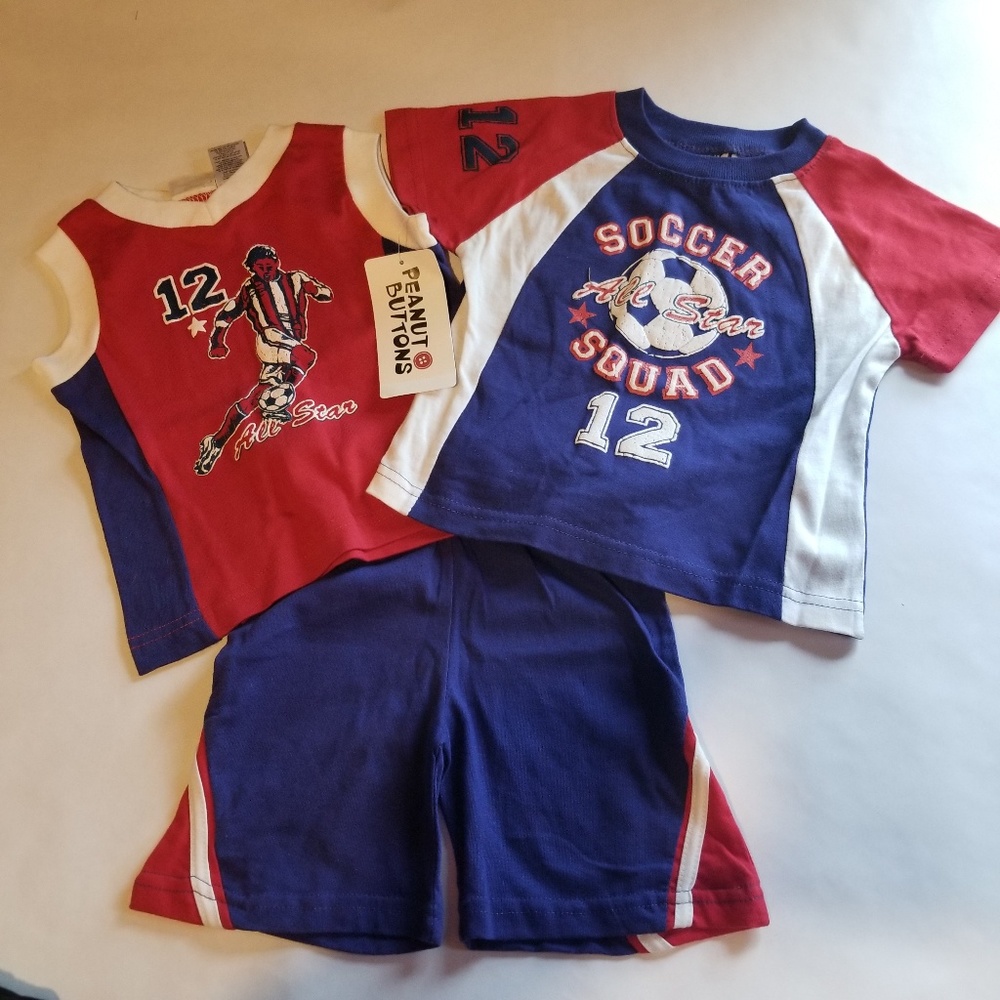 Peanut Buttons 3 Piece Red and Blue Soccer Outfit